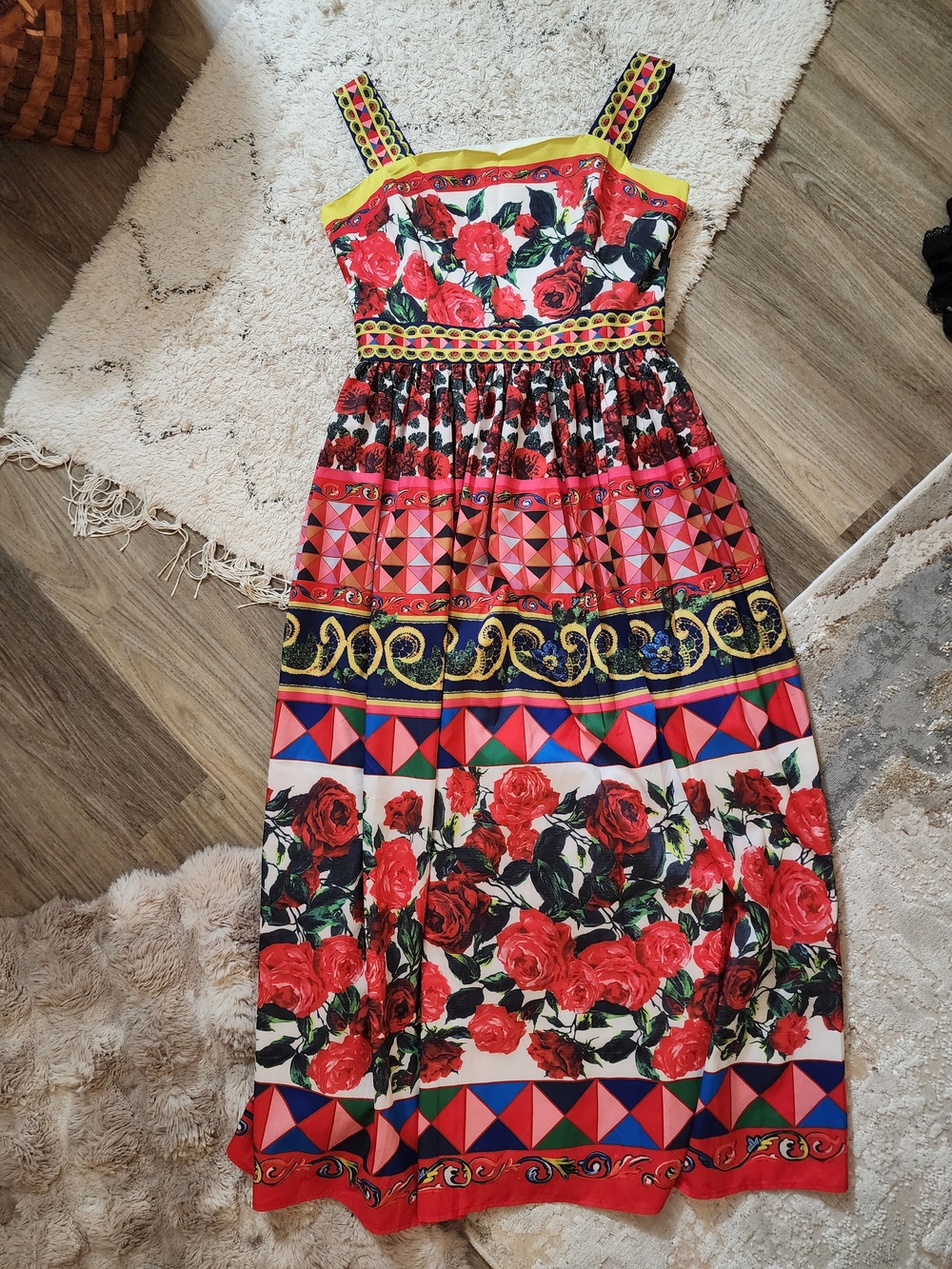 Floral Red Maxi Dress with Geometric Trim